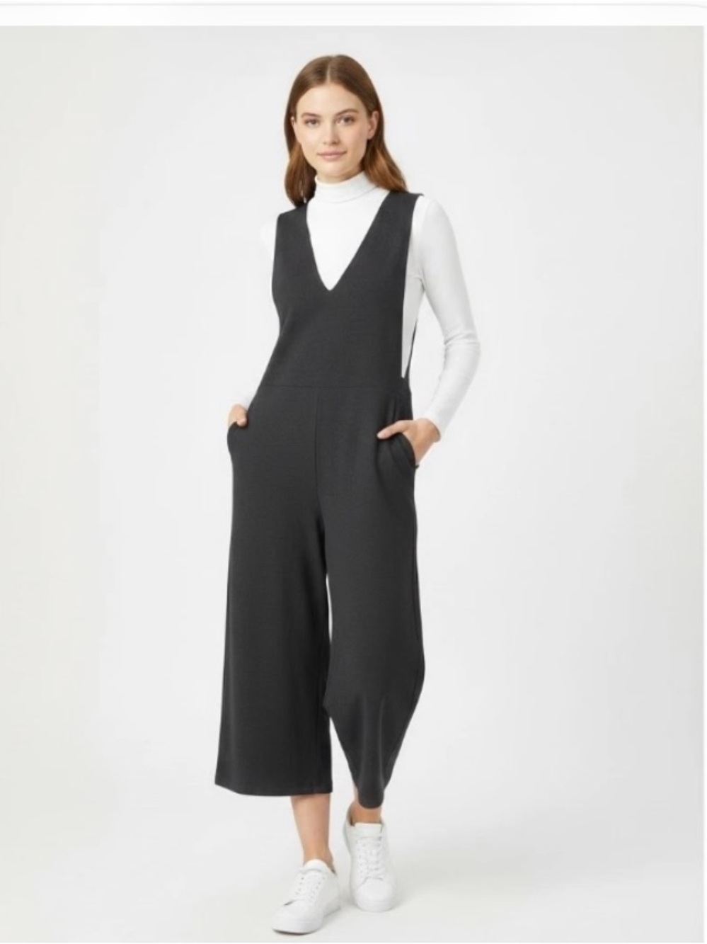 Eileen Fisher Pinafore Jumpsuit V-Neck Washable Stretch Crepe Black, Small